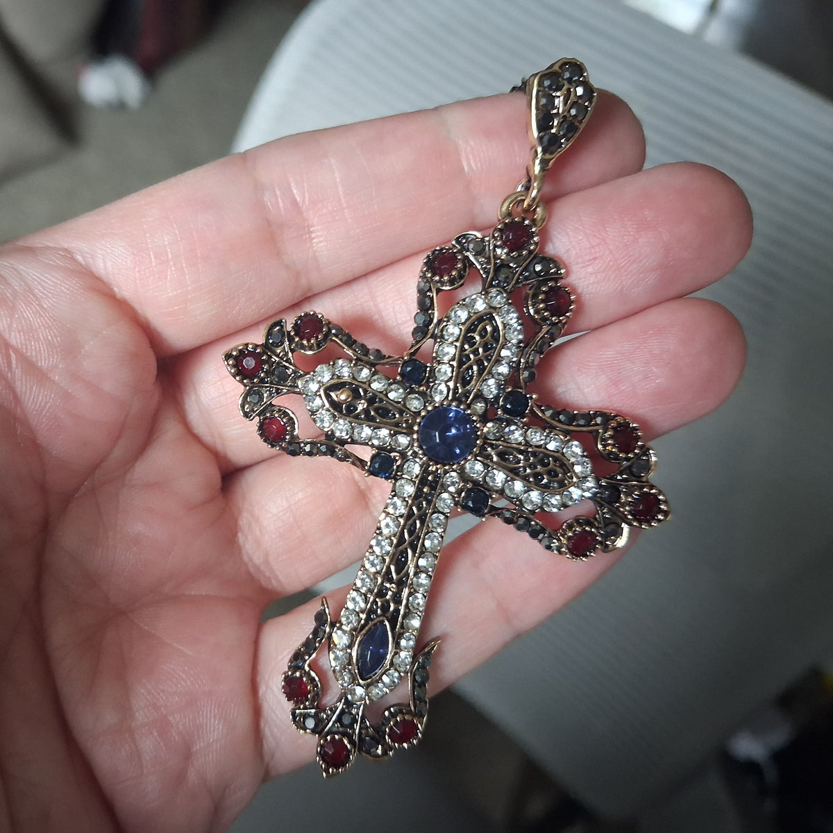 Vintage Inspired Floral Cross Pendant Necklace – Crystal, Rhinestone & Resin