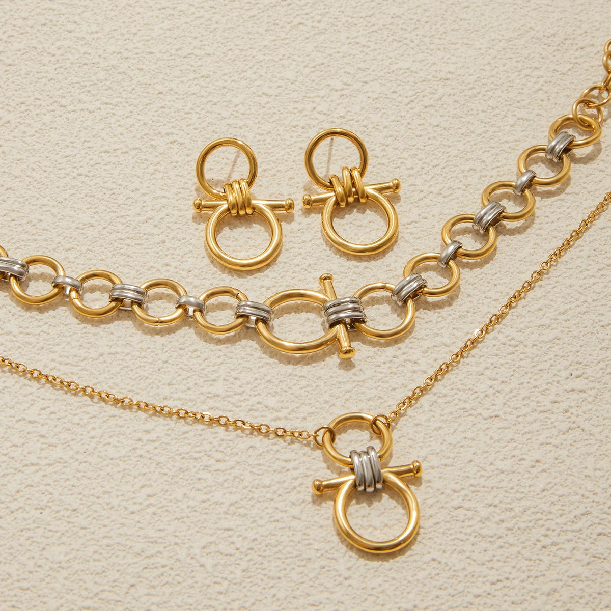 Two-Tone Link Chain Jewelry Set – Bold Modern Necklace, Bracelet & Earrings