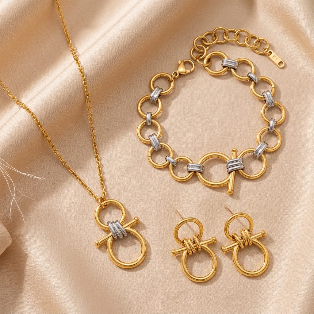 Two-Tone Link Chain Jewelry Set – Bold Modern Necklace, Bracelet & Earrings