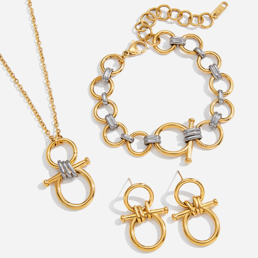 Two-Tone Link Chain Jewelry Set – Bold Modern Necklace, Bracelet & Earrings
