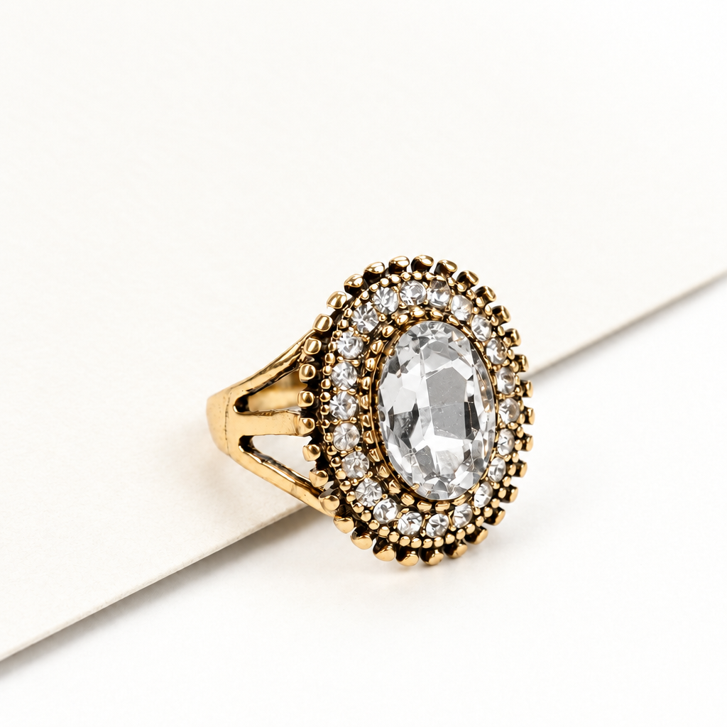 Vintage Inspired Turkish Style Crystal Ring – Antique Gold-Tone Oval Statement Ring