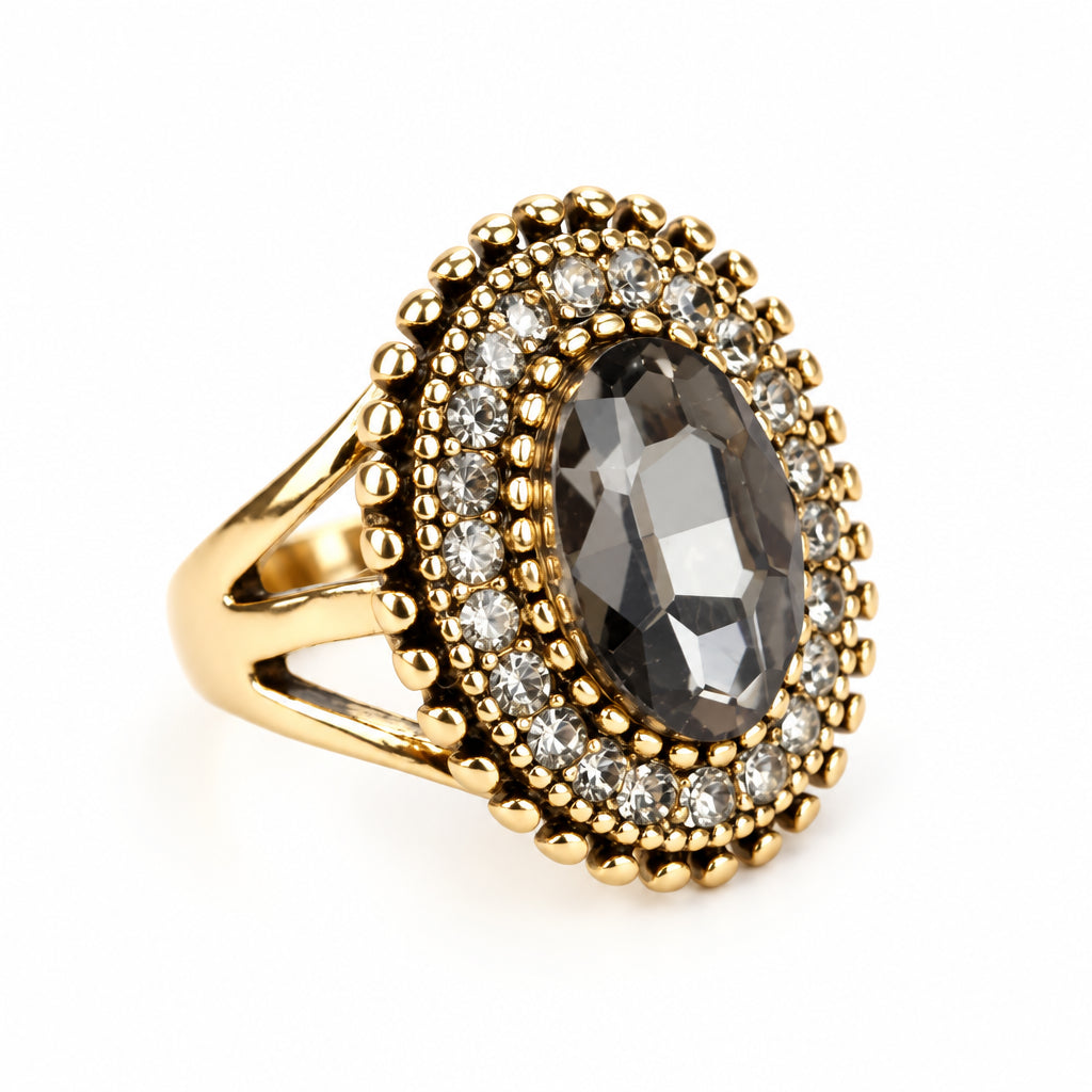 Vintage Inspired Turkish Style Crystal Ring – Antique Gold-Tone Oval Statement Ring