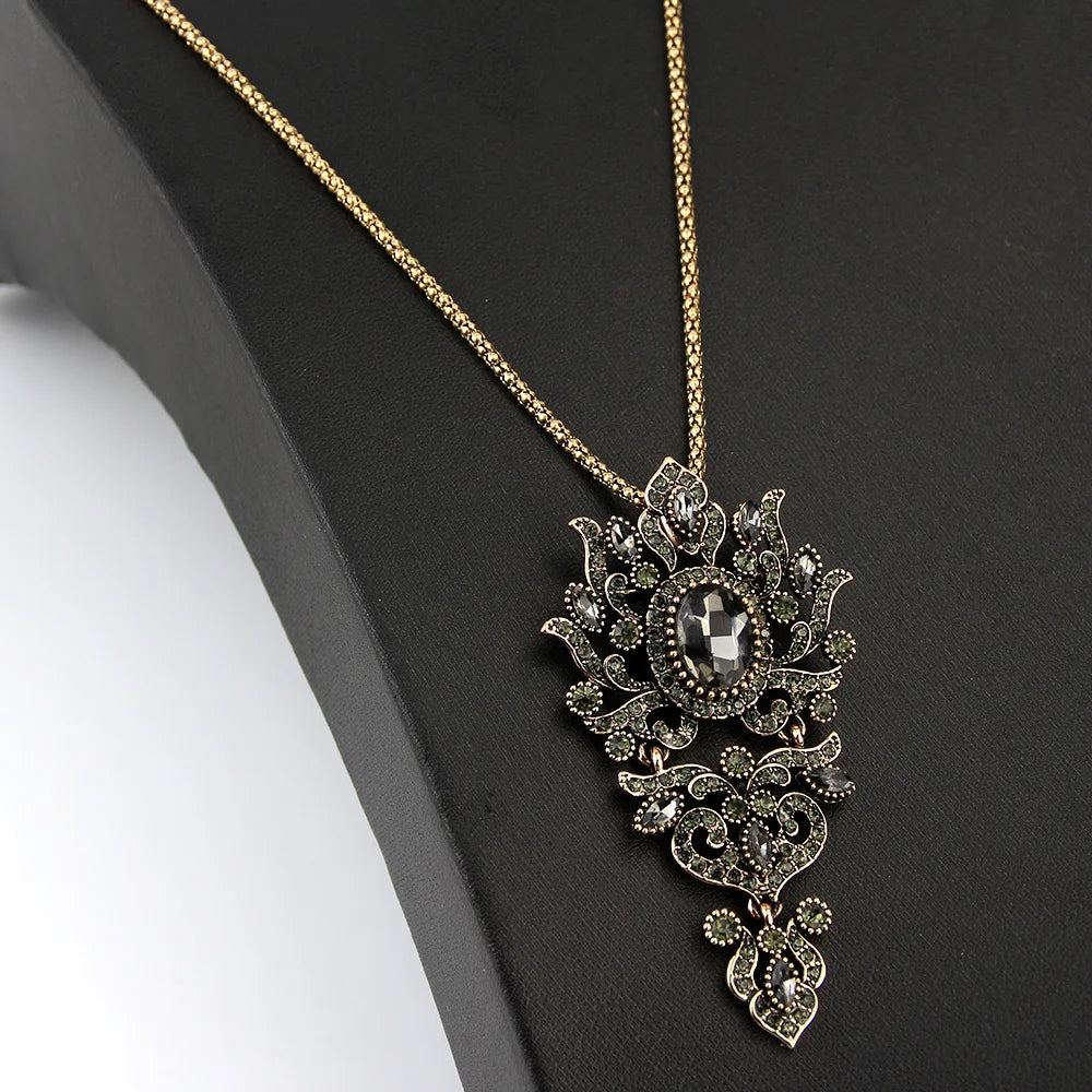 Vintage Inspired Turkish Statement Necklace – Large Natural Stone & Resin Crystal Pendant with Rhinestones