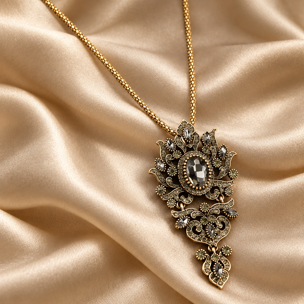 Vintage Inspired Turkish Statement Necklace – Large Natural Stone & Resin Crystal Pendant with Rhinestones