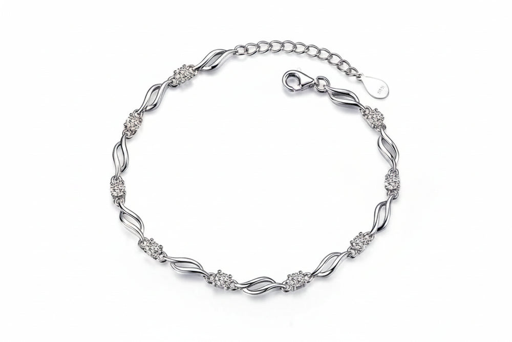 Chain Bracelet in 925 Sterling Silver with Clear or Purple Cubic Zirconia
