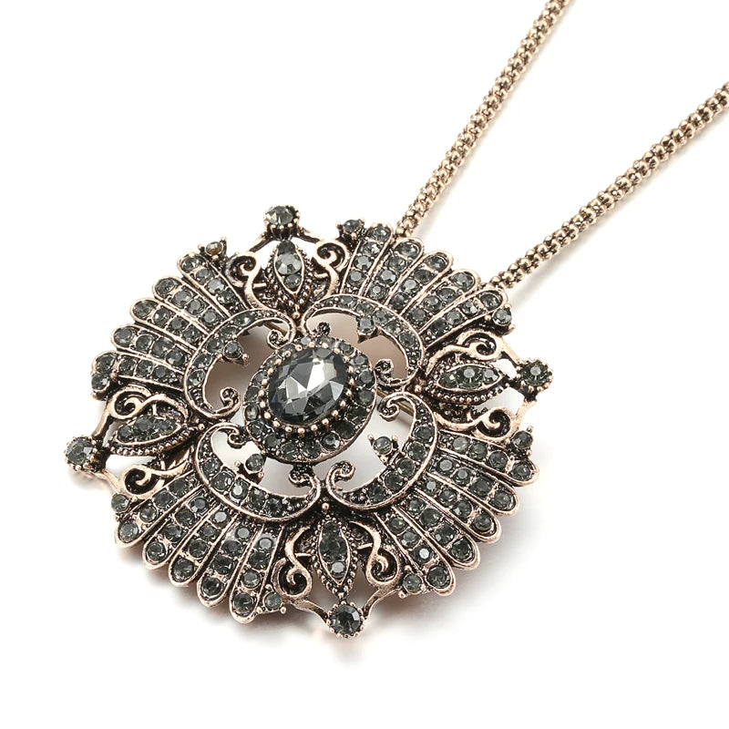 Gray Crystal Flower Brooch & Necklace – Elegant Two-in-One Floral Jewelry