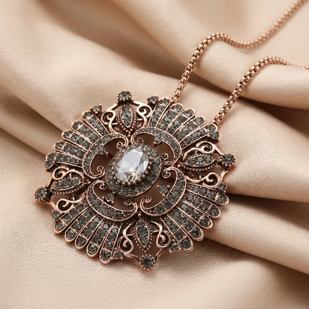 Gray Crystal Flower Brooch & Necklace – Elegant Two-in-One Floral Jewelry