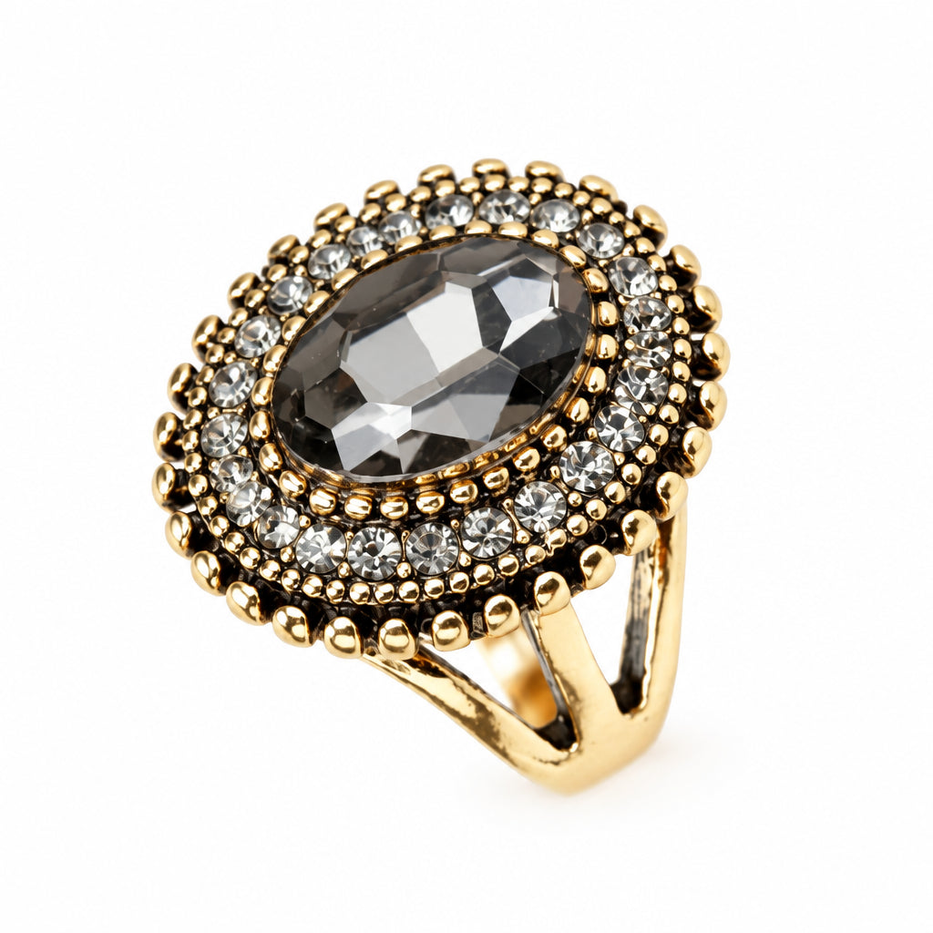 Vintage Inspired Turkish Style Crystal Ring – Antique Gold-Tone Oval Statement Ring