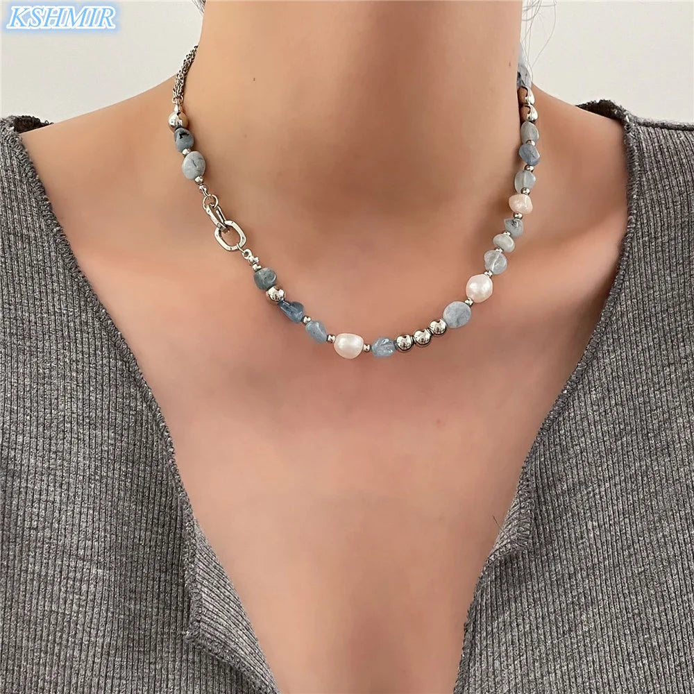 Natural Blue Crystal Freshwater Pearl Alloy Necklace