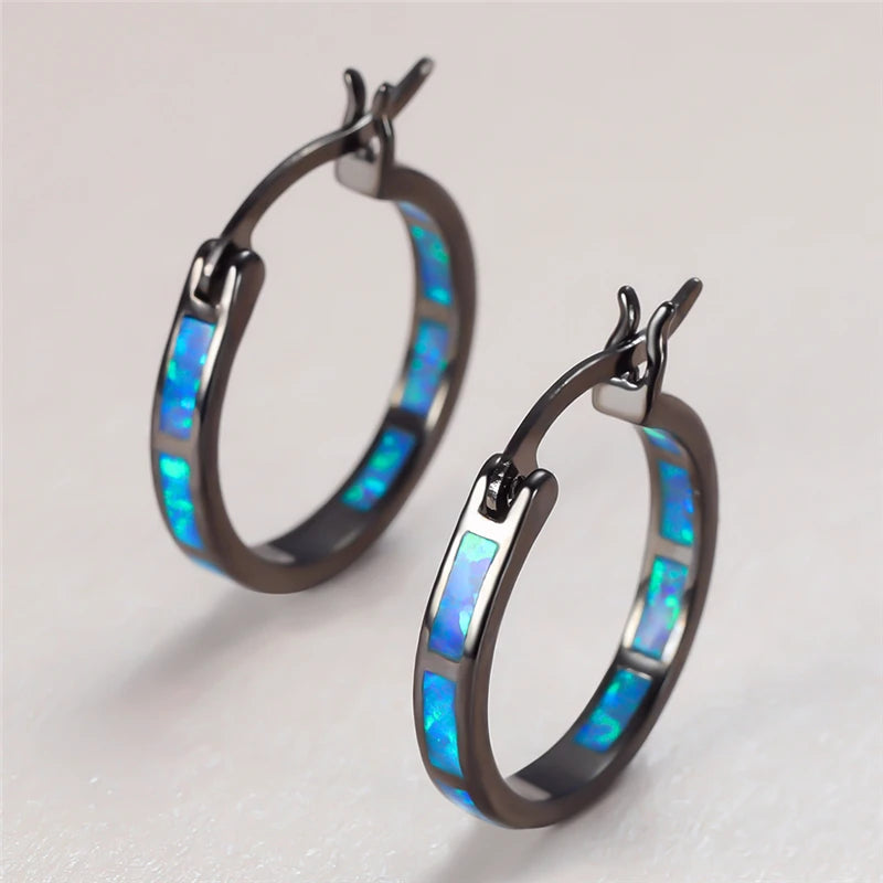 Blue & White Opal Hoop Earrings in Copper - Black or Yellow Gold Plating