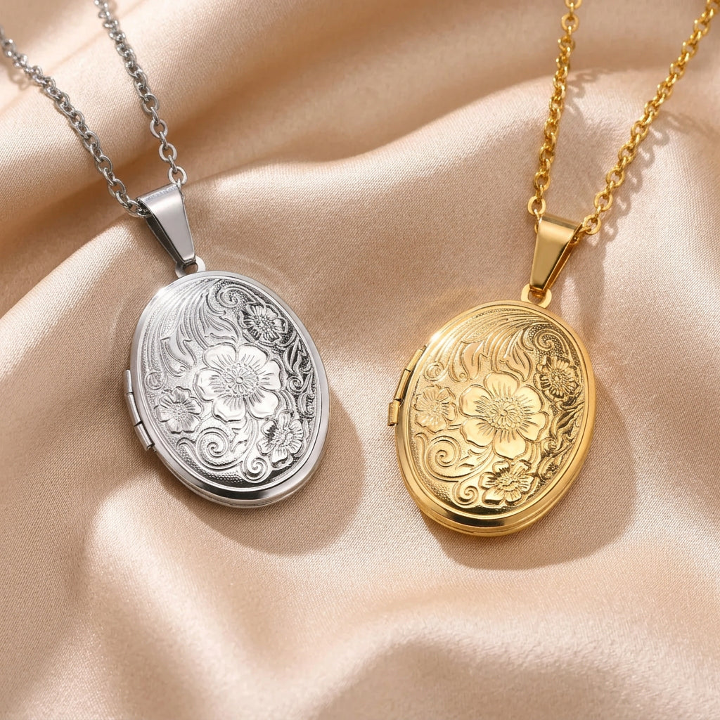 Gold-Plated Stainless Steel Locket Necklace – Timeless Oval or Heart Pendant