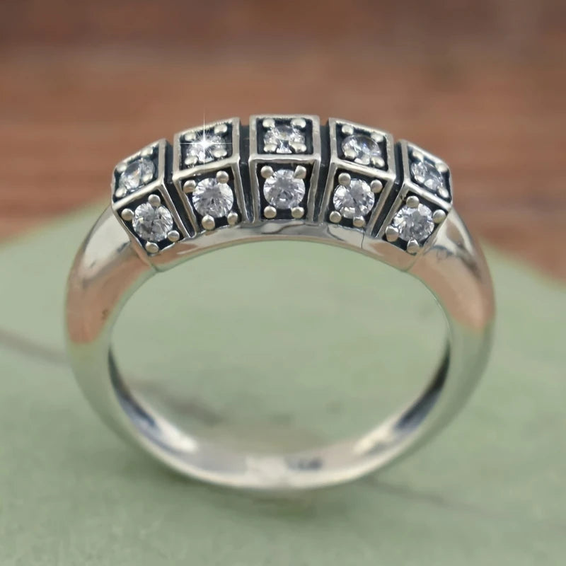 Vintage-Inspired 925 Sterling Silver Geometric CZ Band Ring