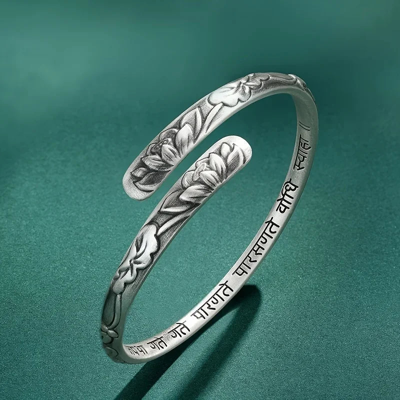 Thai Silver Lotus Flower Cuff Bracelet with Symbols