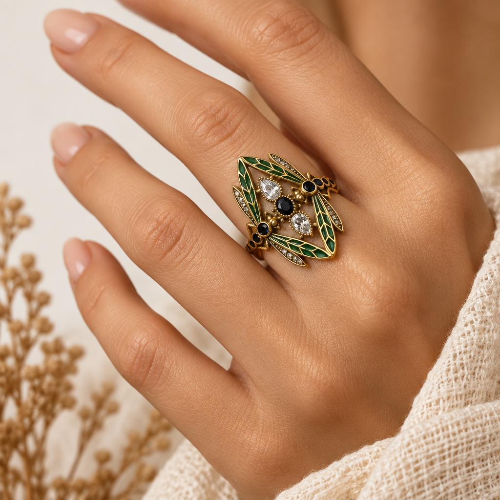 Vintage Dragonfly Ring with Multicolor CZ Crystal Accents