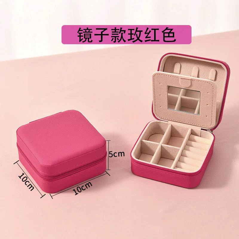 1pc Single Layer Square Storage Box Ladies Travel Leather Jewelry Box Classic Various Colors Storage Box with Mirror