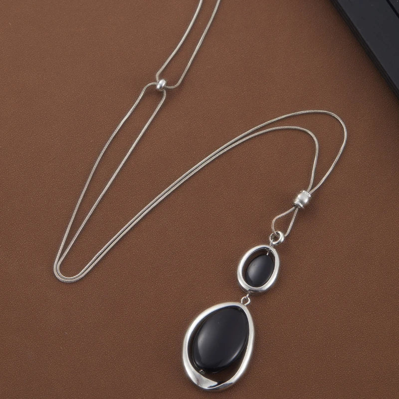 Long Black Onyx Pendant Necklace with Snake Chain