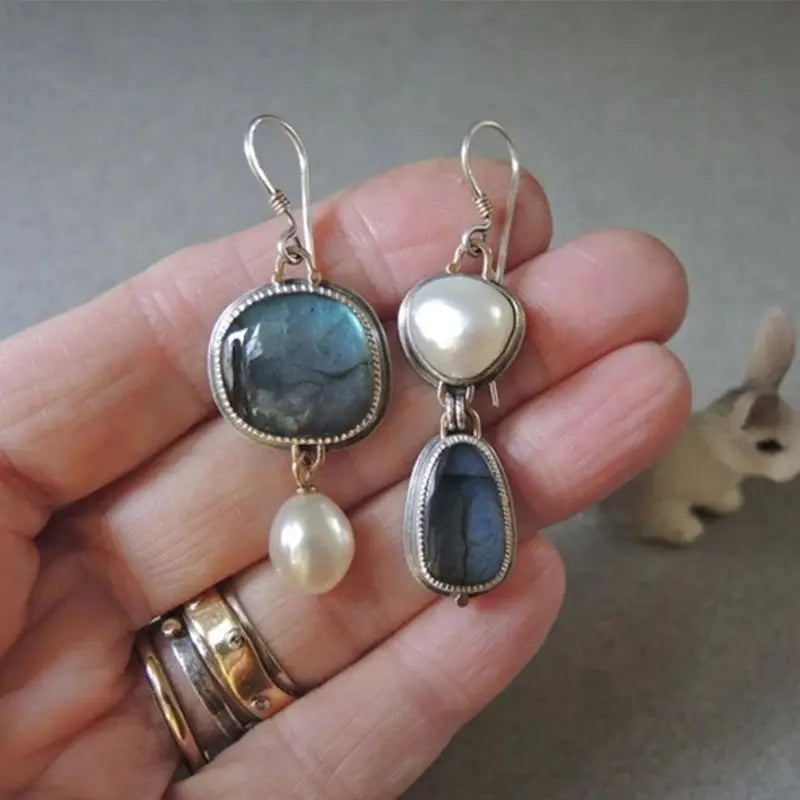 Bohemian Faux Pearl & Blue Stone Dangle Earrings in Alloy