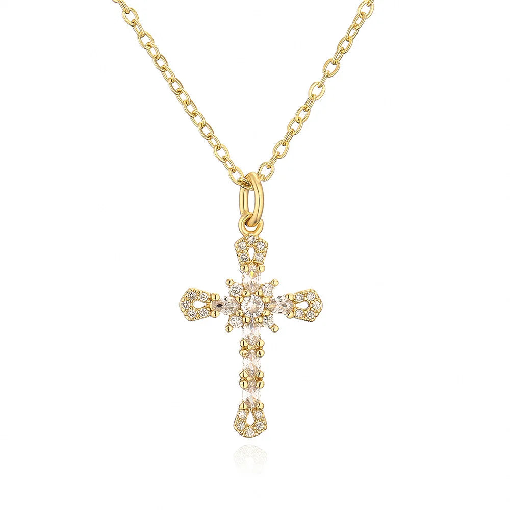 Collection of Bold Gold-Plated Cross Pendant Necklaces
