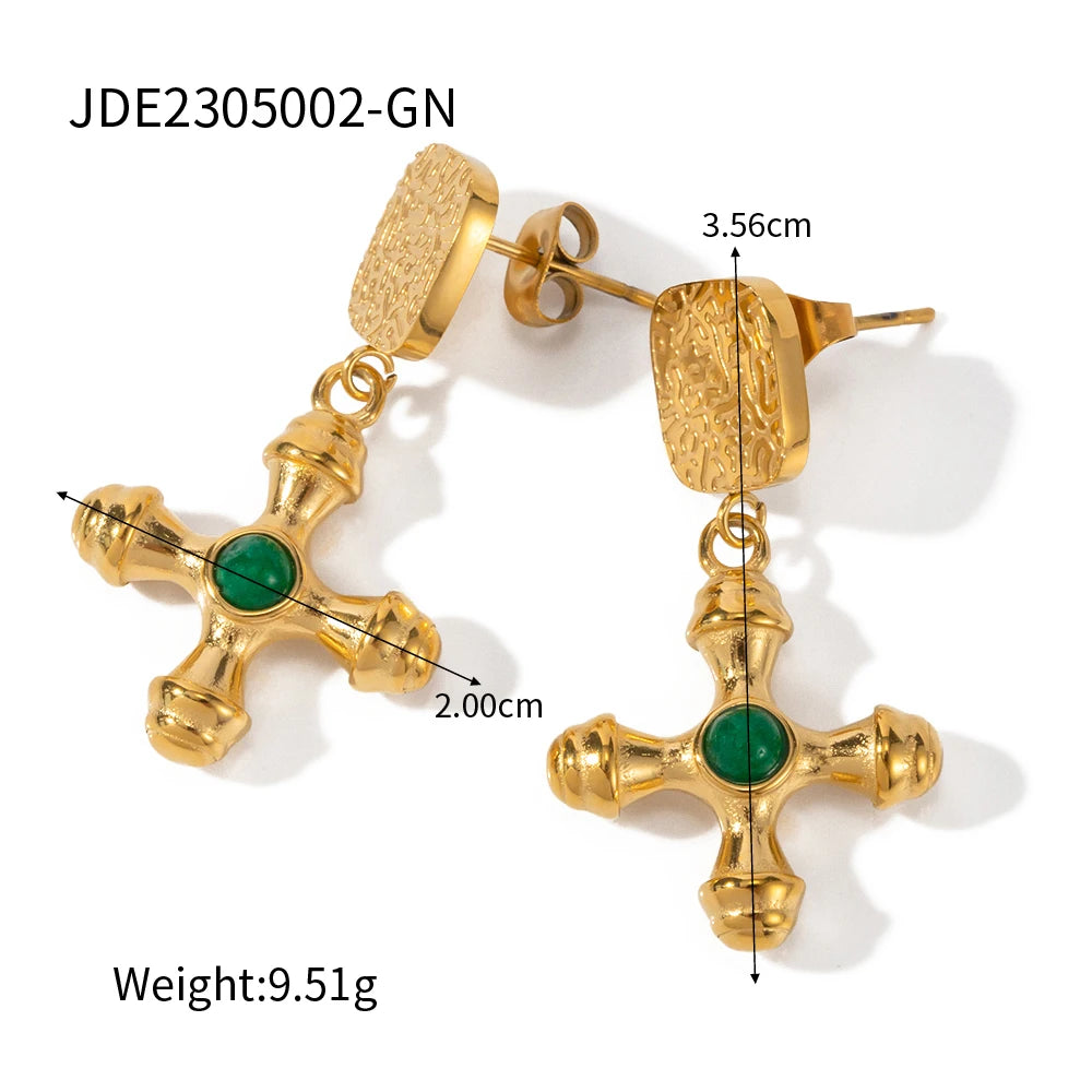 Youthway Fashionable Stainless Steel Natural Stone Cross Dangle Earrings 2023 Anti-allergy Gold Color Daily Jewelry Women