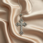 Large Gothic Victorian Flower Detailed Cross Zinc Alloy Necklace