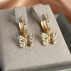 Colorful Butterfly Hoop Earrings in Gold Plated Copper with Zircons