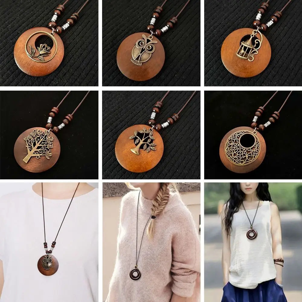 Selection of Retro Wooden Pendant Alloy Chain Necklace