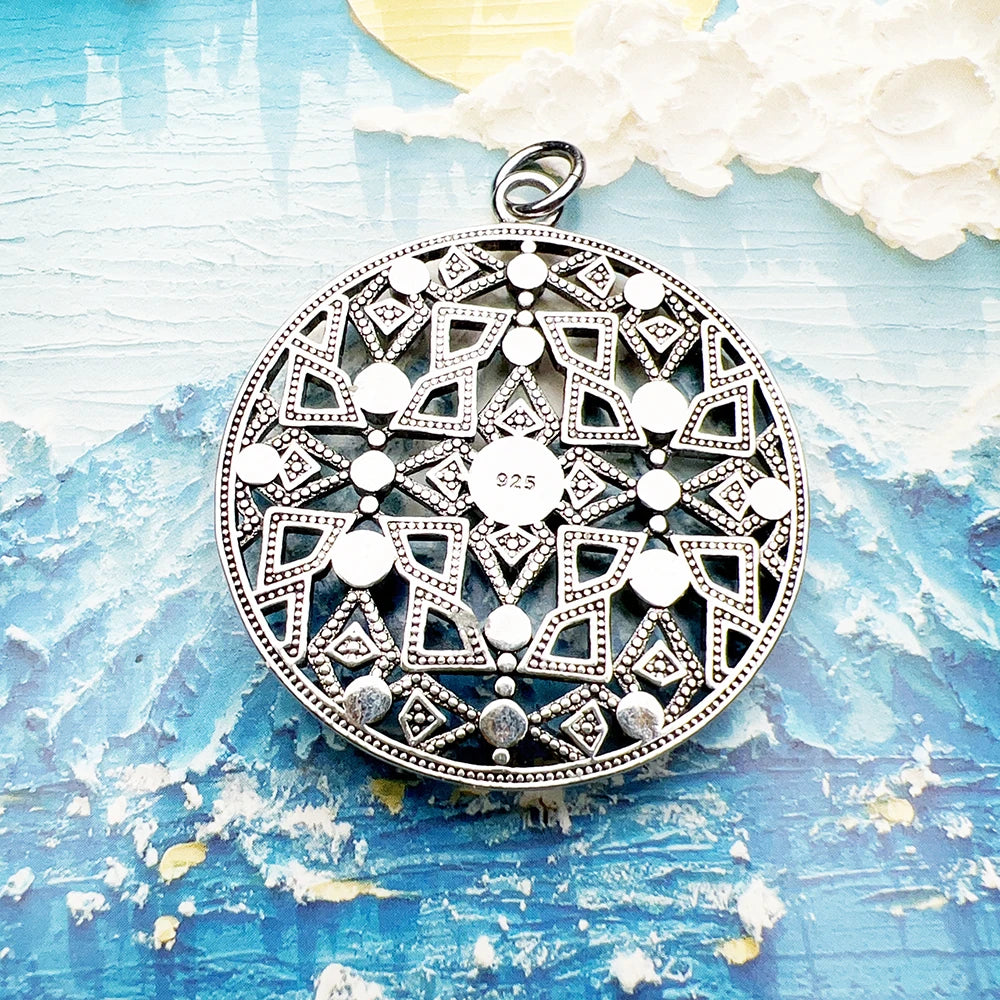 Large Round Ornament Pendant in 925 Sterling Silver with Turquoise Stones