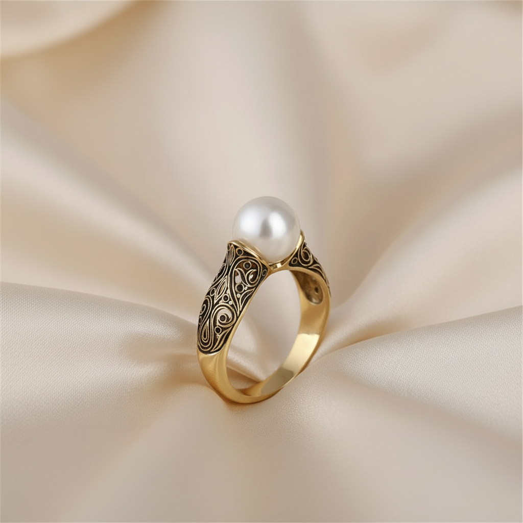 Vintage Inspired Faux White Pearl Two-Tone Ring with Cubic Zirconia & Zinc Alloy