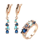 14K Rose Gold Plated Copper Earrings & Ring Set with Blue Zircons