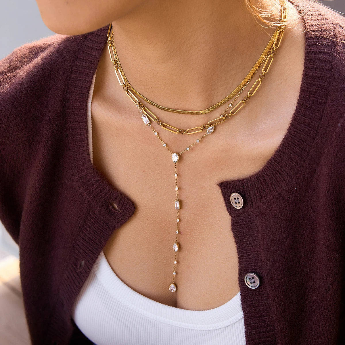 Long Y-Shaped Necklace with Geometric Zircons in 18K Gold-Plated Stainless Steel