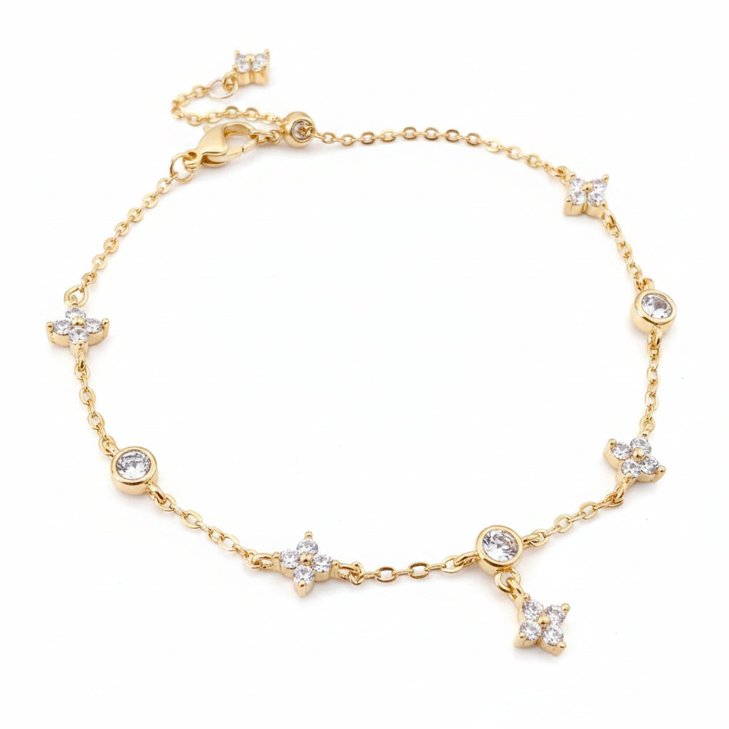 Gold Plated Silver 925 Sterling Silver Zircon Clover Ankle Bracelet