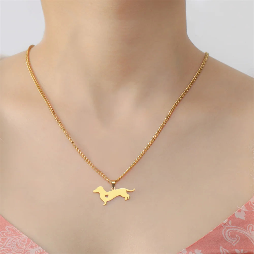 Stainless Steel Pendant Necklace Dachshund Dog Cutout Heart - 4 Options
