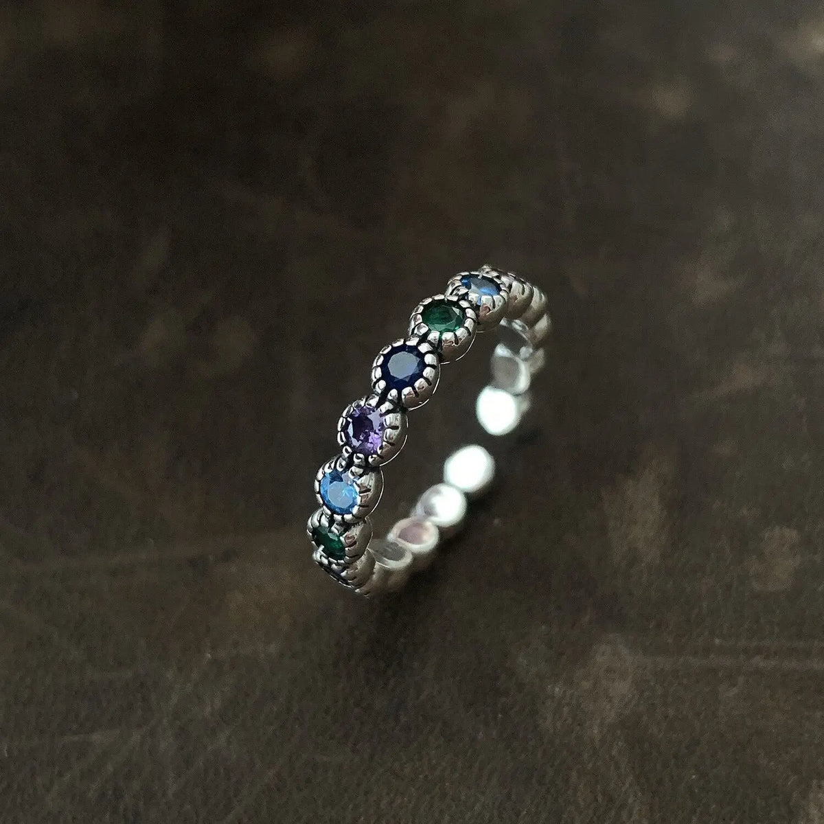 925 Sterling Silver Multicolor CZ Flower Adjustable Ring