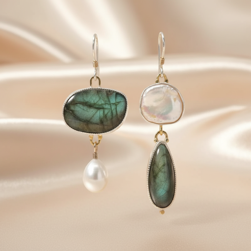 Asymmetric Earrings with Labradorite & Green Gemstone in Zinc Alloy
