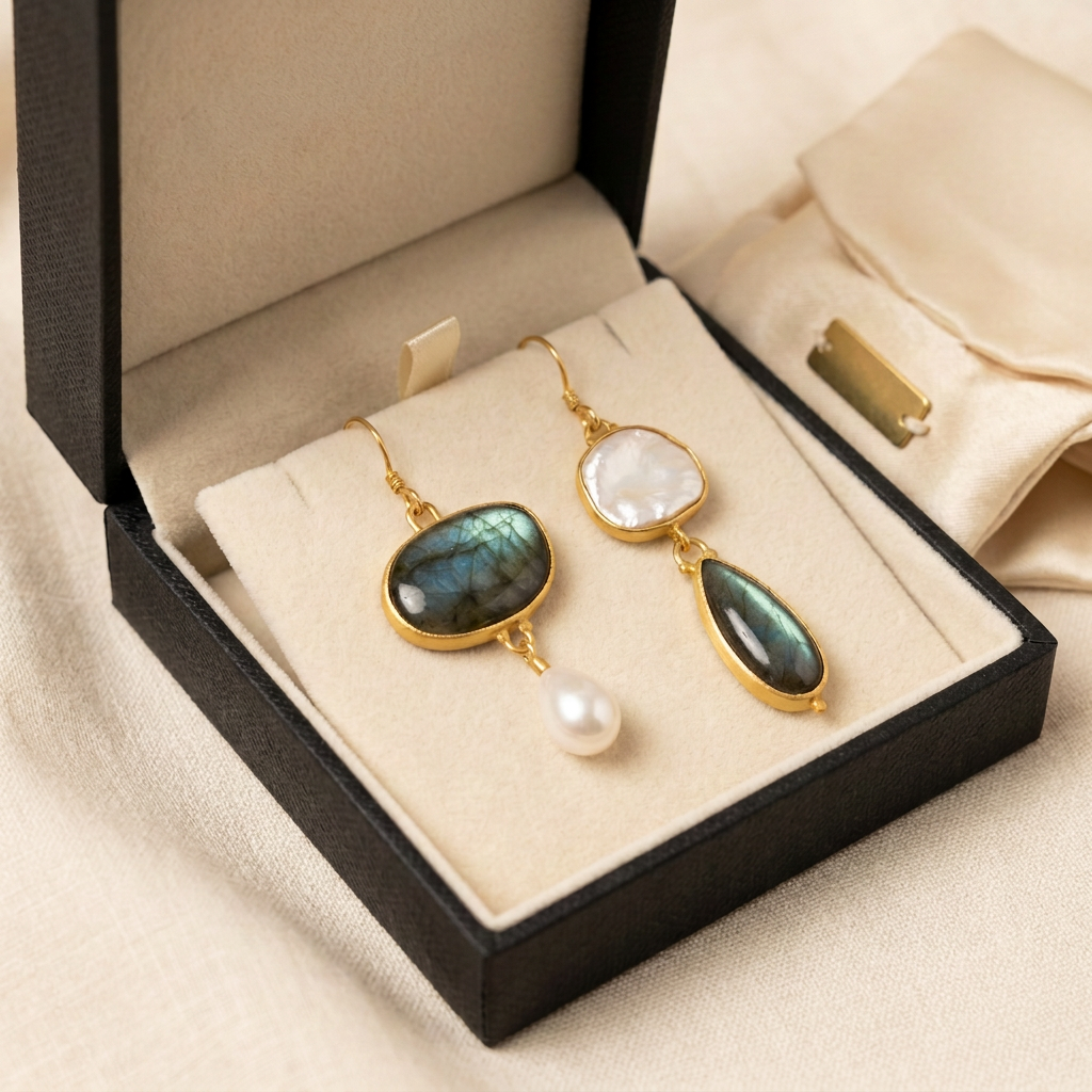 Asymmetric Earrings with Labradorite & Green Gemstone in Zinc Alloy