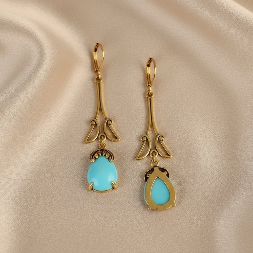 Vintage-Inspired Gold-Plated Alloy Drop Earrings with Resin Stones