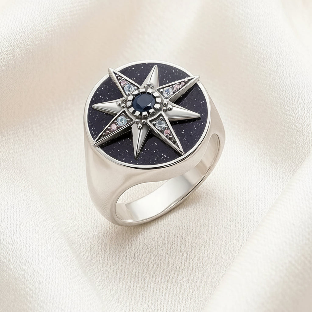 Golden Royalty Star Stamp Ring In 925 Sterling Silver with Zircon Stones