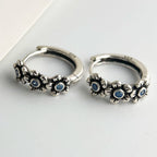 Blackened 925 Sterling Silver Blue CZ Flower Hoop Earrings