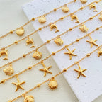 Gold Tone Stainless Steel Summer Ocean Theme Anklet - Dolphins, Starfish, Shell