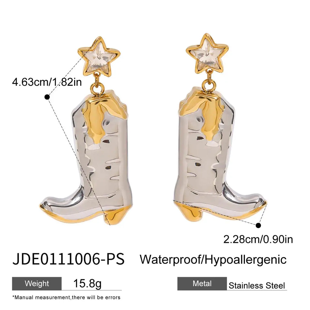 Two-Tone Cowboy Boots Necklace & Earrings Set – 18K Gold Plated Stainless Steel with White Zircon
