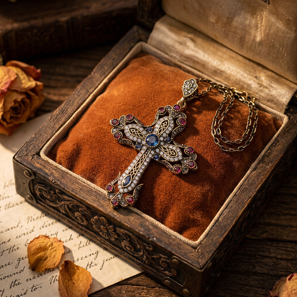Vintage Inspired Floral Cross Pendant Necklace – Crystal, Rhinestone & Resin
