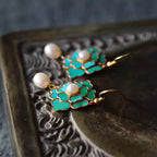 Vintage Gold-Plated Green Cloisonné Floral Drop Earrings with Faux Pearls