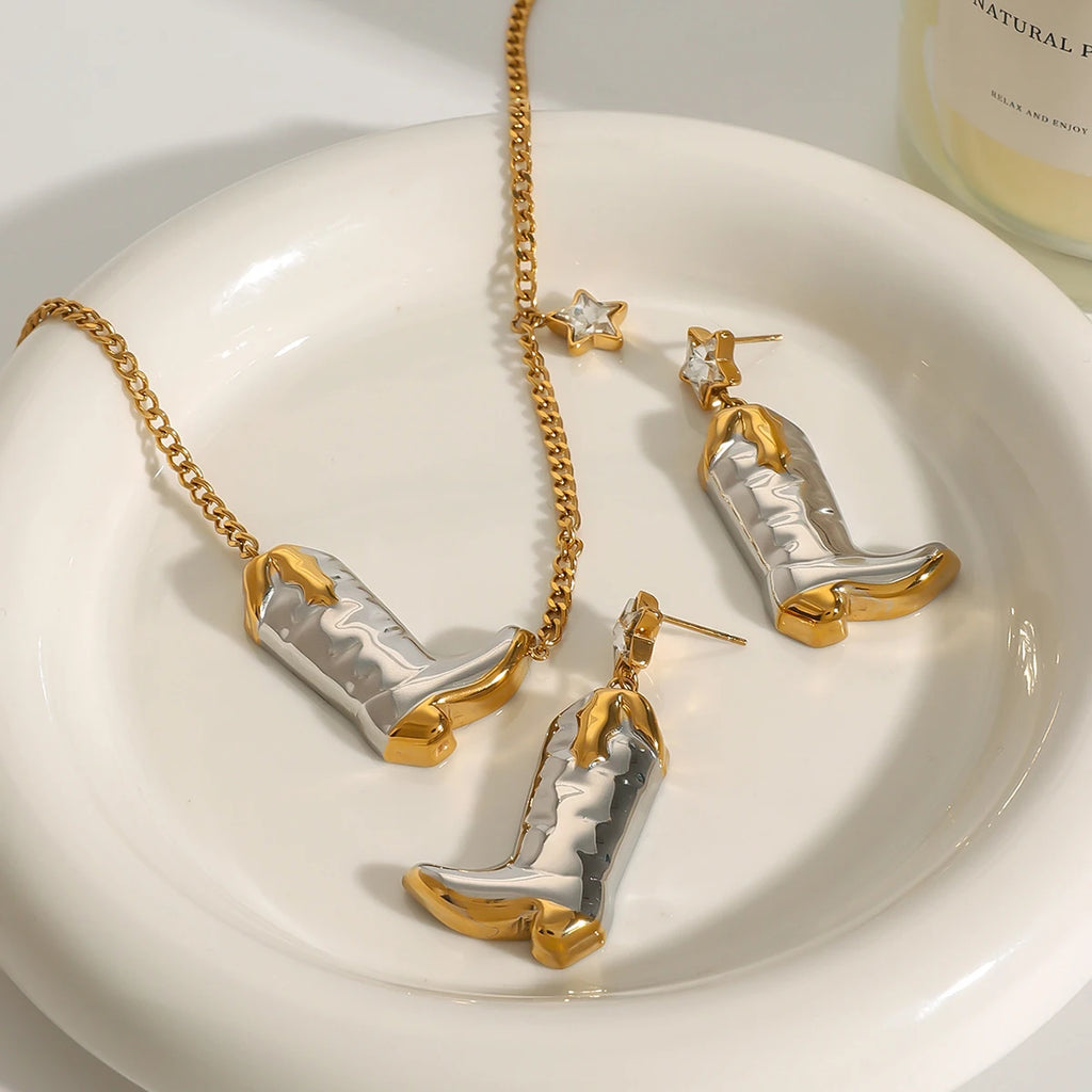 Two-Tone Cowboy Boots Necklace & Earrings Set – 18K Gold Plated Stainless Steel with White Zircon