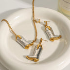 Two-Tone Cowboy Boots Necklace & Earrings Set – 18K Gold Plated Stainless Steel with White Zircon