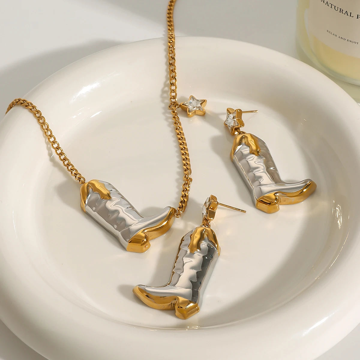 Two-Tone Cowboy Boots Necklace & Earrings Set – 18K Gold Plated Stainless Steel with White Zircon