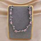 Pink/Purple Zircon Flower Leaf Silver Chain Bracelet in Copper - Elegant, Feminine
