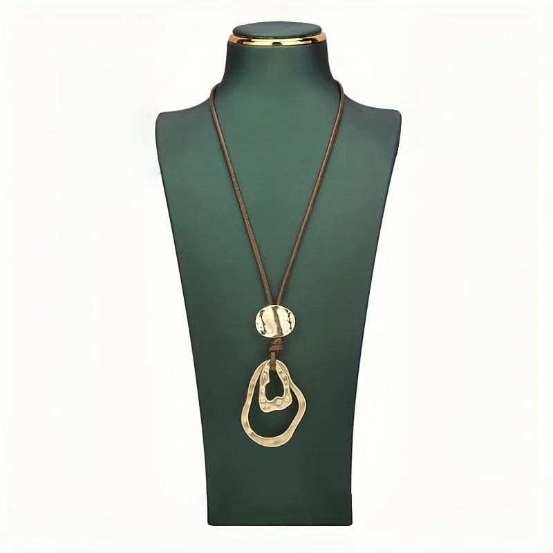 Long Geometric Statement Pendant Necklace with Leather Rope