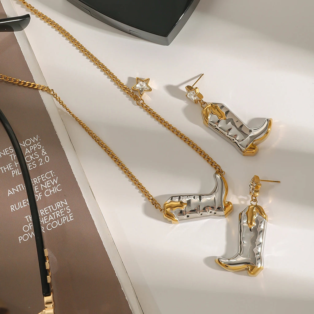 Two-Tone Cowboy Boots Necklace & Earrings Set – 18K Gold Plated Stainless Steel with White Zircon