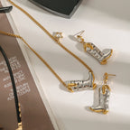 Two-Tone Cowboy Boots Necklace & Earrings Set – 18K Gold Plated Stainless Steel with White Zircon