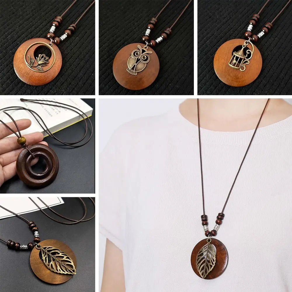 Selection of Retro Wooden Pendant Alloy Chain Necklace